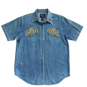 Quizz Again Vintage Denim Shirt Womens Medium Blue Embroidered Sunflower Floral‎